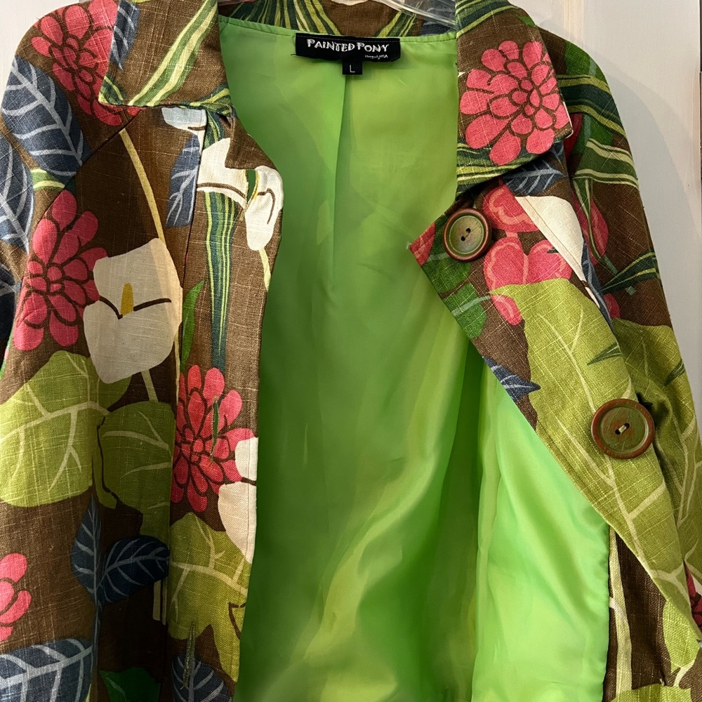 Painted Pony 3 sisters linen blend Women's Floral Blazer - Green and Pink
